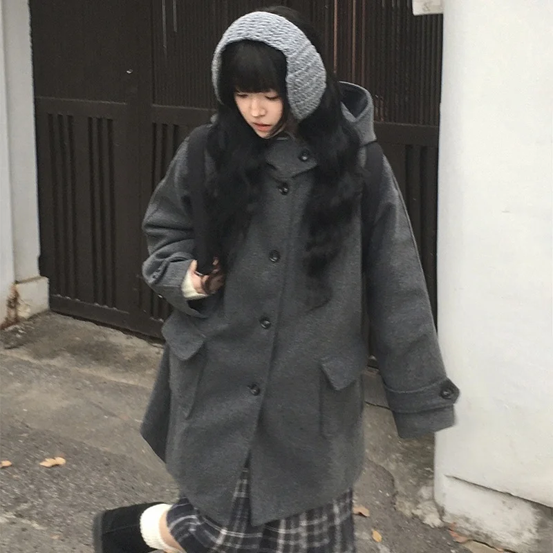 

Retro Korean Sle Spring Coat Women's Cotton Woolen Jaet Single Button Hooded Thi Warm Long Sve Mid-Length Coat