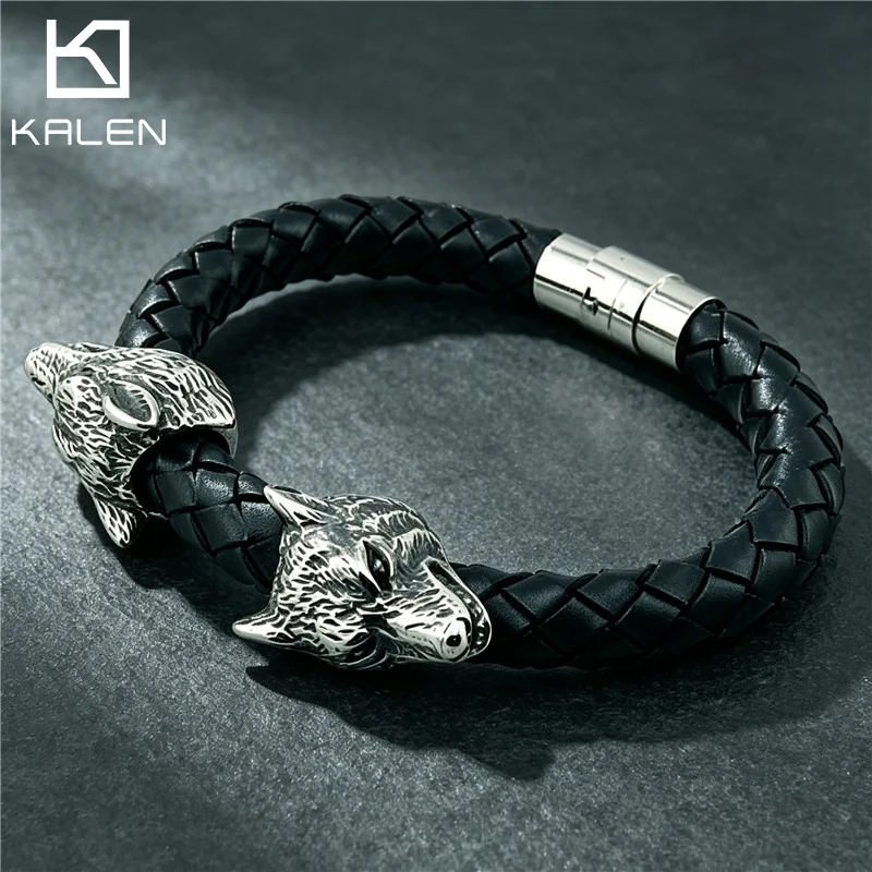KALEN Vintage Viking Wolf Head Men's Stainless Steel Bracelet Trendy Braided Leather Bracelet Fashion Jewelry Birthday Gifts