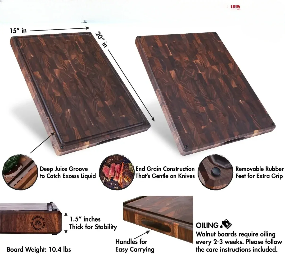 Los Angeles, Made in USA, Large Thick End Grain Walnut Wood Cutting Board with Non-Slip Feet