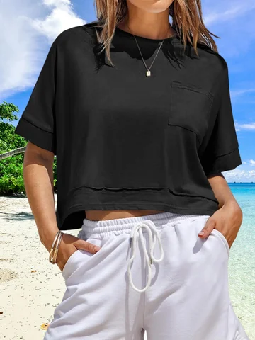 Women's Summer Loose Fit Crop Top - Round Neck Short Sleeve Workout T-Shirt with Pockets