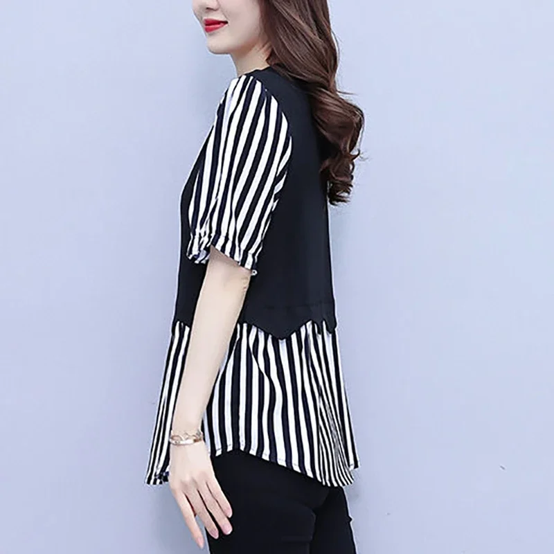 Fashion O-Neck Spliced Striped Fake Two Pieces Blouses Women's Clothing Summer New Loose Commuter Butterfly Sleeve Shirts L126