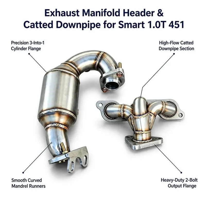 Mirror Polished 304 Stainless Steel Exhaust Manifold for Mercedes Smart 1.0T 451 Equal Length Header with Lower Pipe 2009-2014