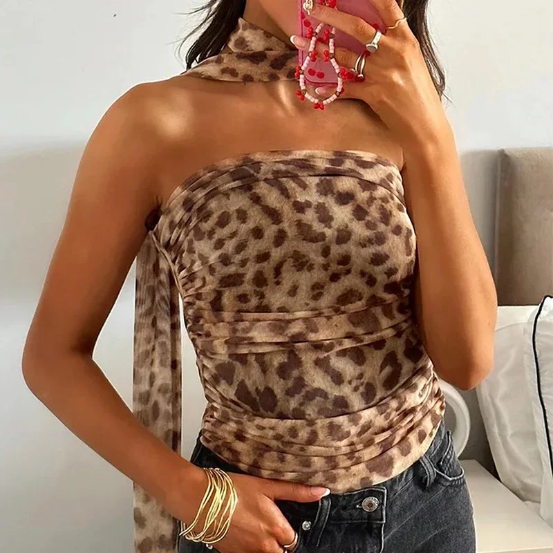 BWQ Leopard Mesh Tops Women Print Halter Woman Strapless Backless Sexy Lingerie Ladies Summer Off Shoulder Crop Top