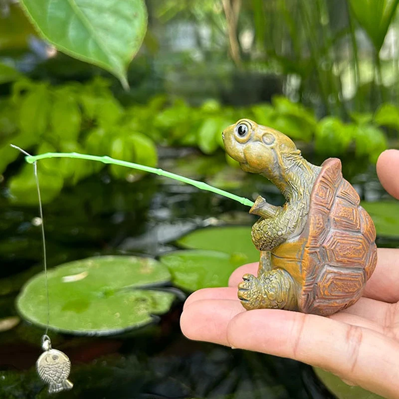 Creative Rope Fishing Turtle Statue Cute Simulation Turtle Resin Figurine Animal Sculpture Ornament Outdoor Home Garden Decor