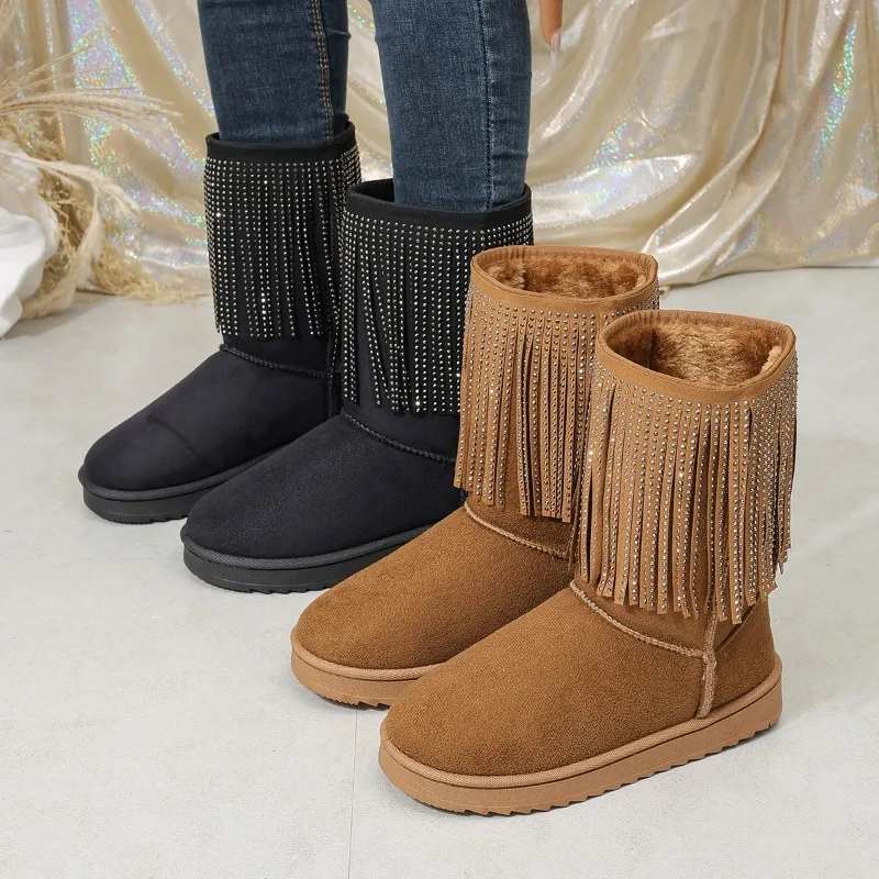 Winter Warm Women's Shoes Size 44 Large Round Head Tassel Middle Tube Snow Boots Women's Platform Velvet Thick Cotton Shoes