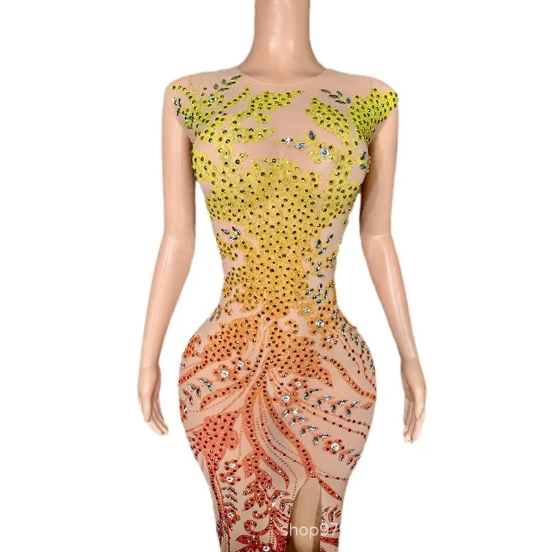 Contrasting Colors Sparkle Rhinestone Hip Dress Performance Clothes Female Singer High-end Atmospheric Model Catwalk Ropa Espejo