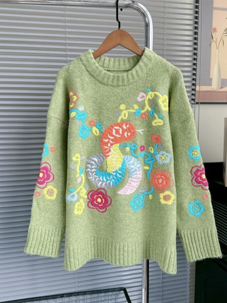 

Fashion Cute Design Pullovers Cartoon Embroidery Long Sleeve Casual Loose Sweaters All Match Knit Tops 2025 New Women's Clothing
