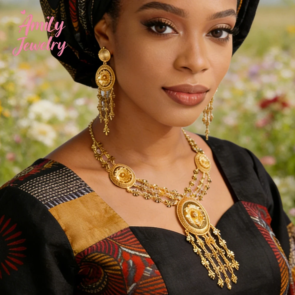 

Lady Jewelry Flower Drop Earring Necklace African Luxury Earring Set Gold Color Necklace Set Dubai Jewelry Wedding Party Gift