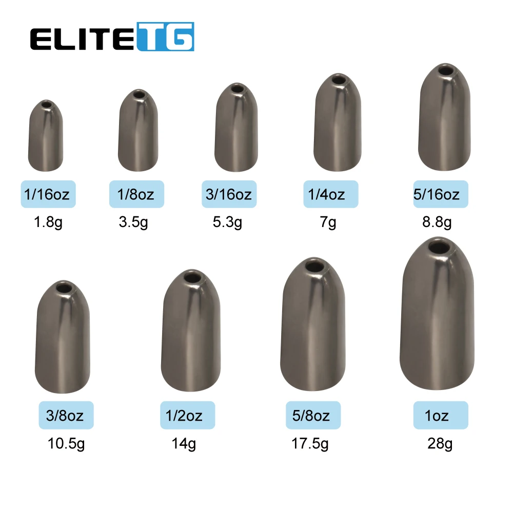 Elite TG 10Pcs Tungsten Sinker Worm Weight 1.8g-28g 1/16-1Oz Bullet Bass Fishing Texas Rig Carolina Lure Accessories