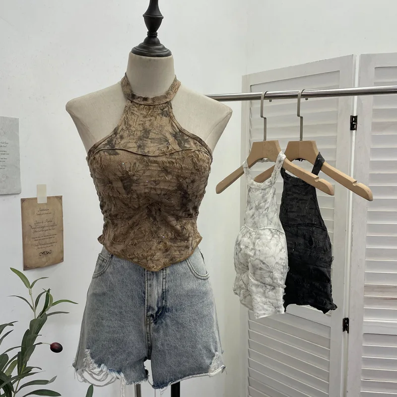 Stylish Women Thai Hot Girl Halter Sleeveless Top Sequin Ripped Distressed Backless Cropped Vest With Padded Cups Y2k Vest1663