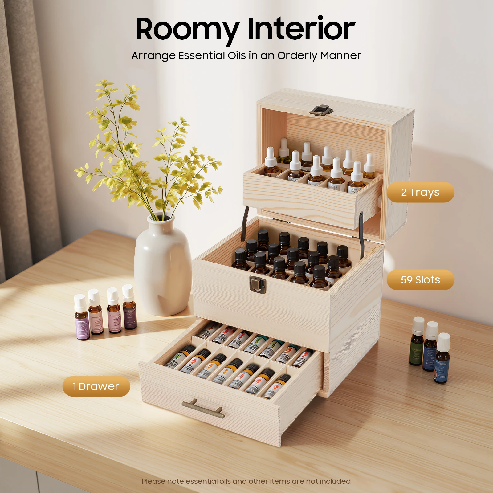 

3-Tier Essential Oil Organizer,1*Drawer & 2*Trays With 59 Slots,Pine Wood,8.46 * 7.28 In,Nail Polish Vial,Lotion, Brooch Box