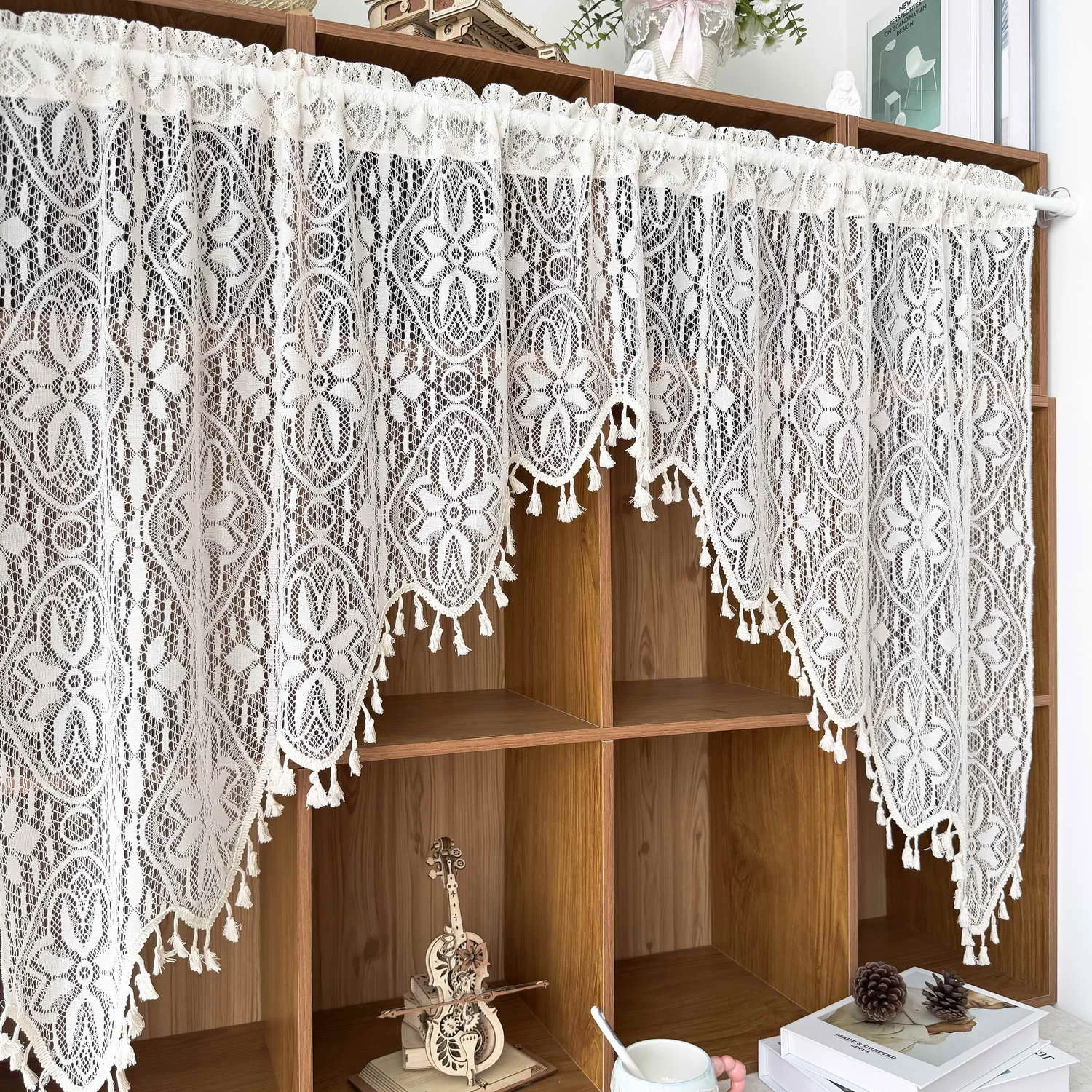 1Pc,Chic French Retro Romantic Lace Curtain with Tassels Geometric Embroidery, Rod Pocket Design for Living Room & Bedroom Decor