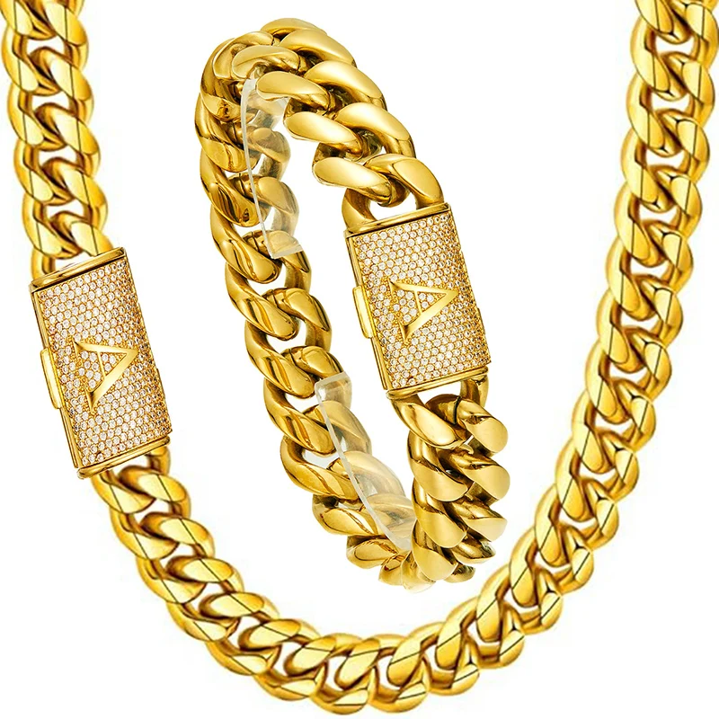 Hip Hop Bling Iced Out Letters Button Stainless Steel 14mm Round Cuban Miami Link Chain Necklace for Men Rapper Jewelry Black