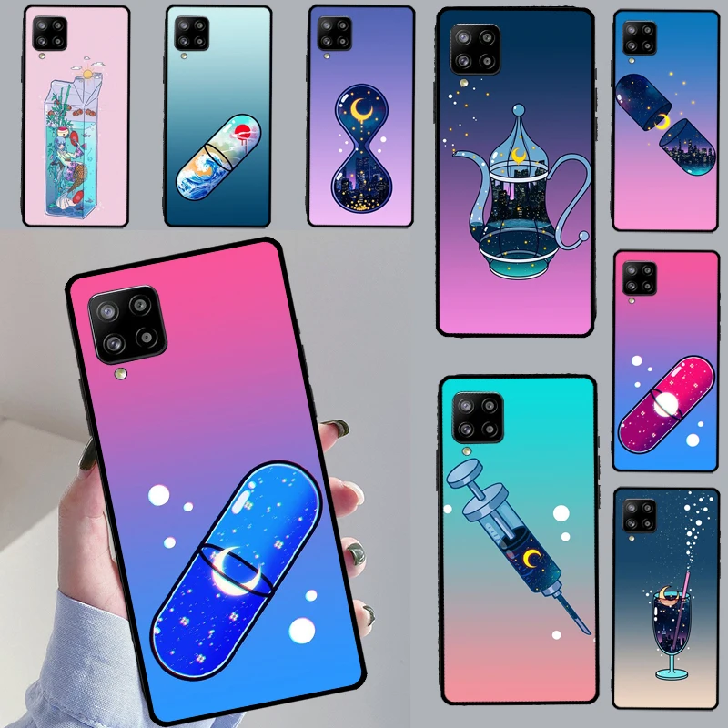 Moon Soda Tea Drink Chill Pill Case For Samsung Galaxy A54 A34 A14 A52 A32 A12 A22 A72 A13 A23 A33 A53 A73 A51 A71 Cover