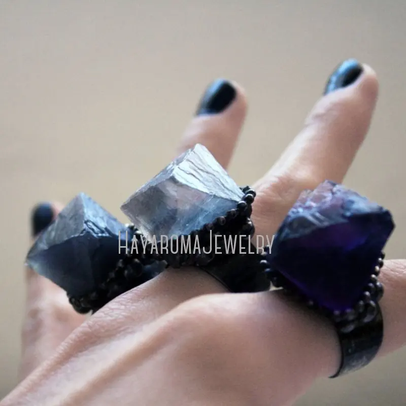 RM43264 Fluorite Octahedron Ring Large Purple Green  Statement  Halloween