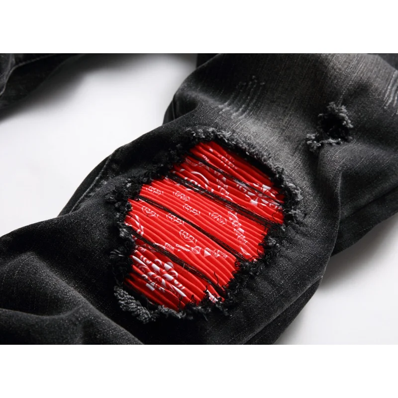 New Men'S Jeans Fashionable Designer Spliced Hole Patch With Diamond Straight Elastic Motorcycle Bike Casual Denim Pants