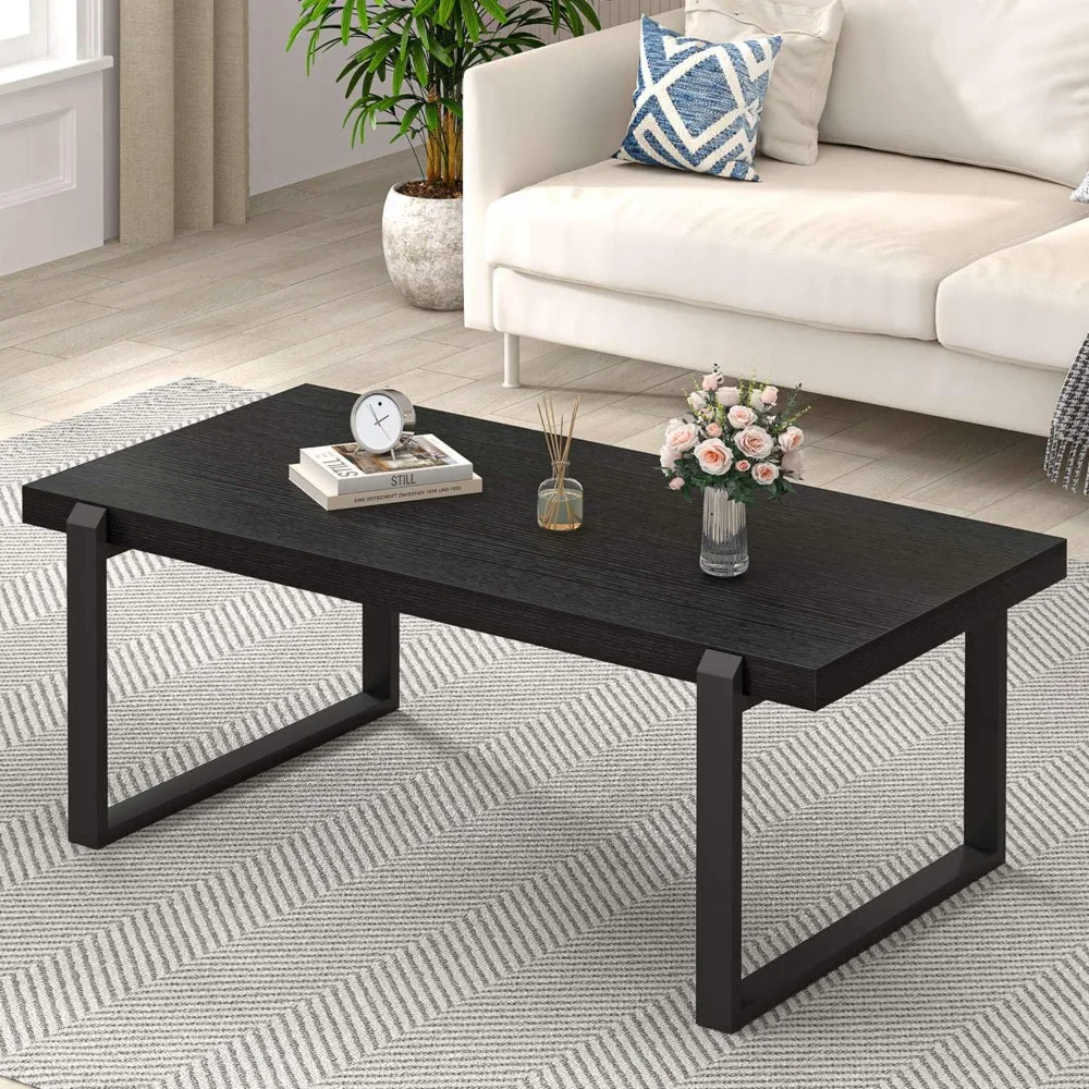 

Modern Black Coffee Table, Industrial Wooden and Metal Center Table for Living Room, Rectangle Cocktail Tea Table, Black