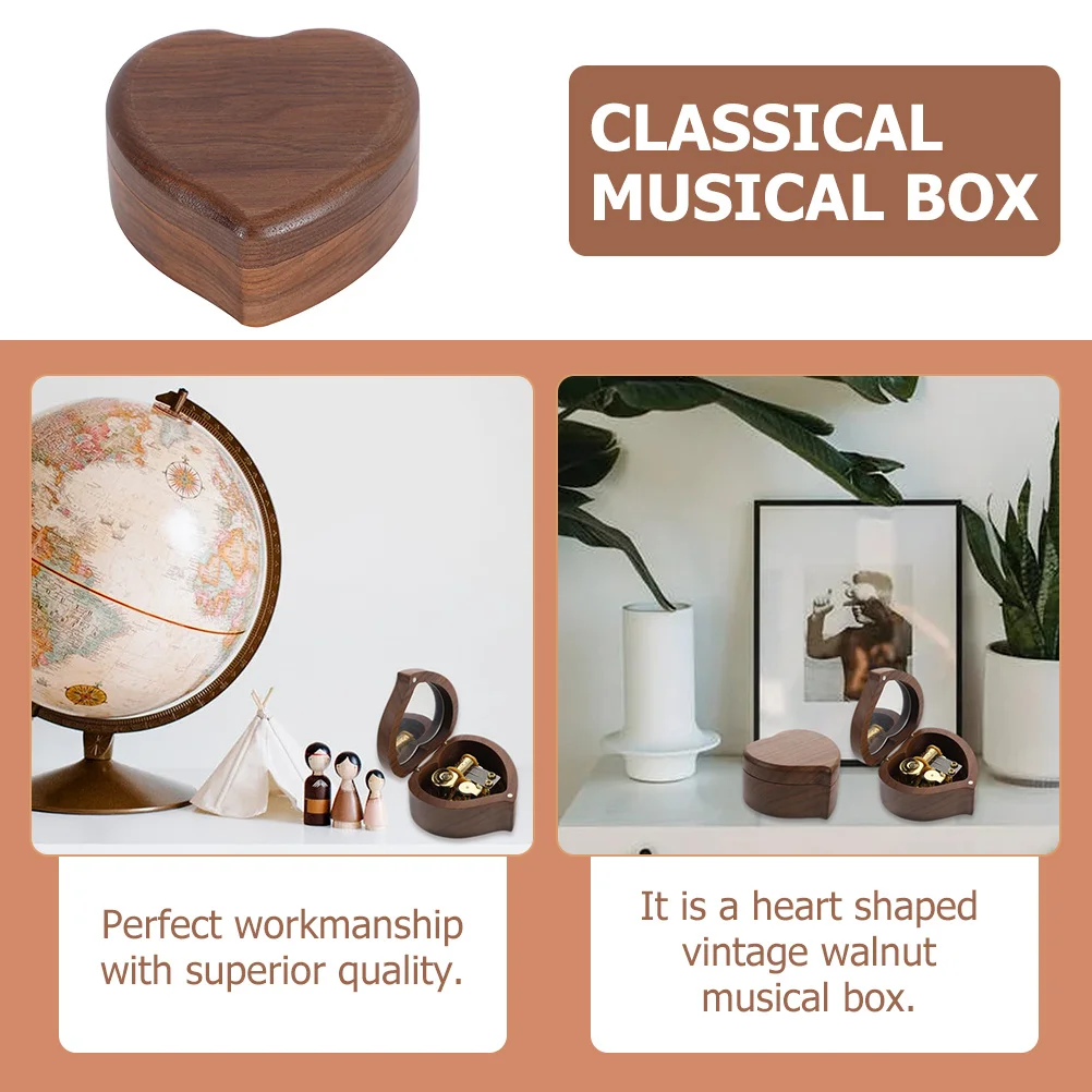 

Heart Shaped Walnut Vintage Musical Box Wind Up Mechanism Melody Gift for Birthday Holiday Valentine's Day Wedding Decoration