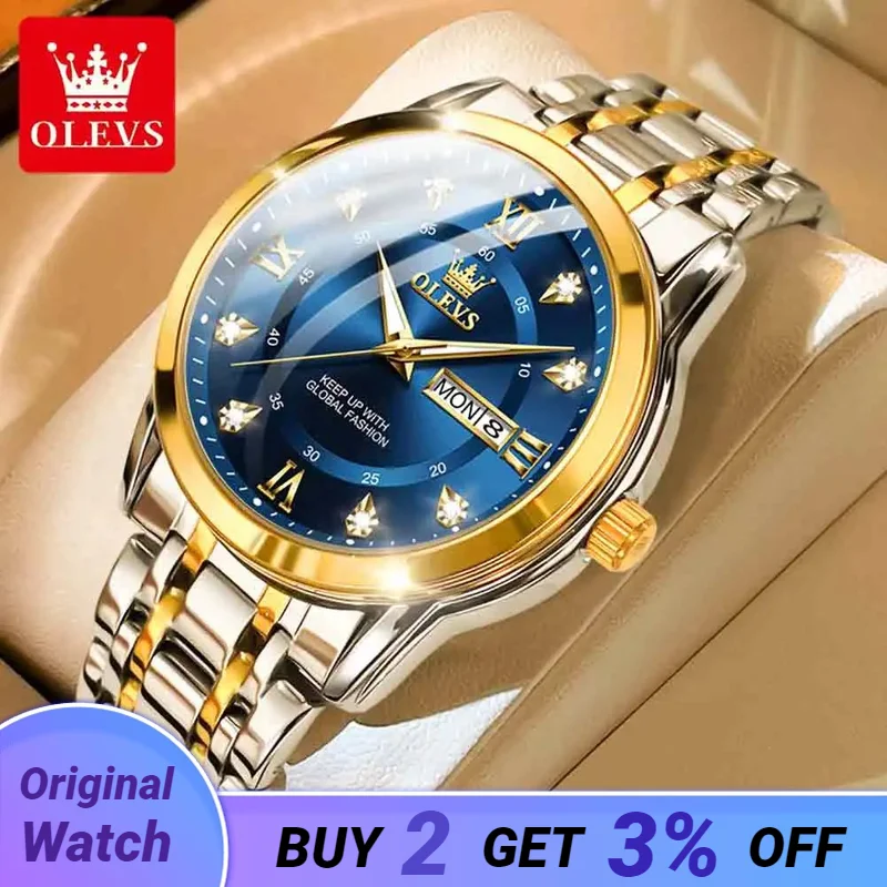 

OLEVS Men's Quartz Watch Luxury Diamonds Gold Watch Waterproof Luminous Stainless steel Business Quartz Watch for Men Mens Watch