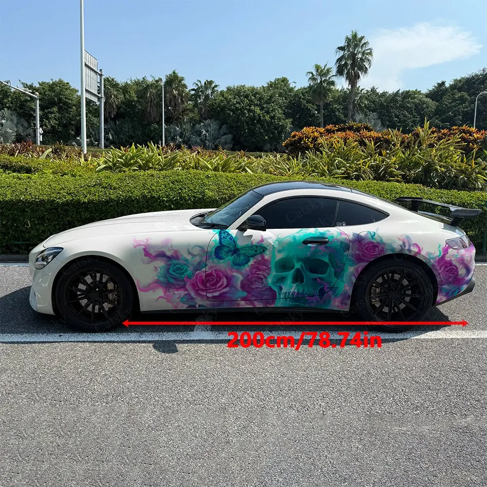 2pcs Rose Cluster Skull & Butterfly Car Side Wrap, Self-Adhesive PVC Waterproof & Scratch-Resistant Stickers, Car Accessory Gift