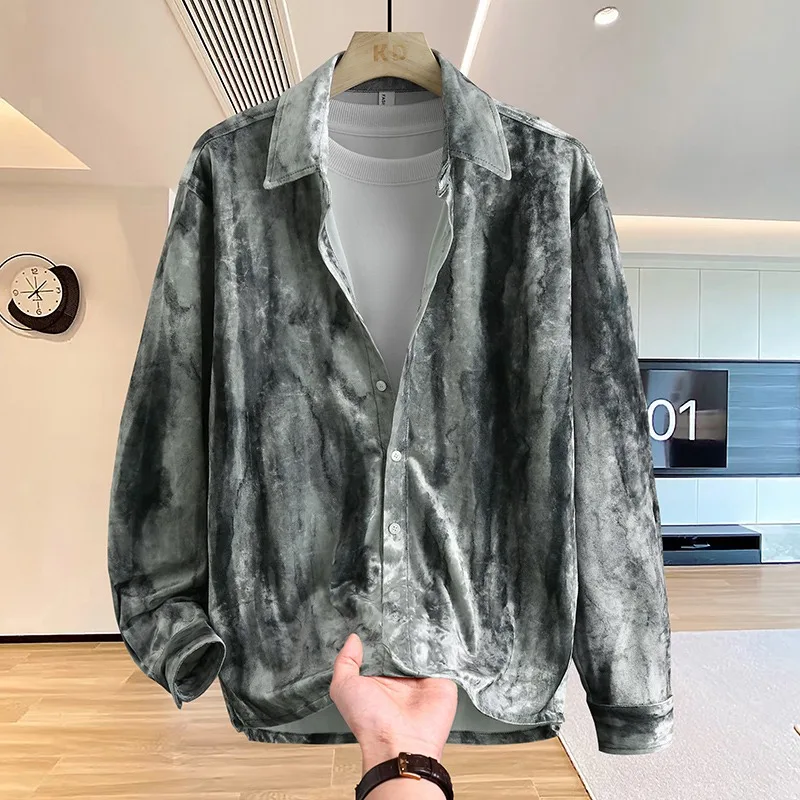 Luxury Gold Velvet Long Sleeved Shirt for Men Trendy Loose Casual Vacation Shirts Versatile Social Streetwear Men Clothing 2025