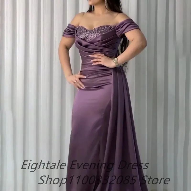 Customized Purple Mermaid Evening Dresses Pearls Beaded Sweetheart Neck Off Shoulder Slit Party Gown Fitted Arabic Prom Dress