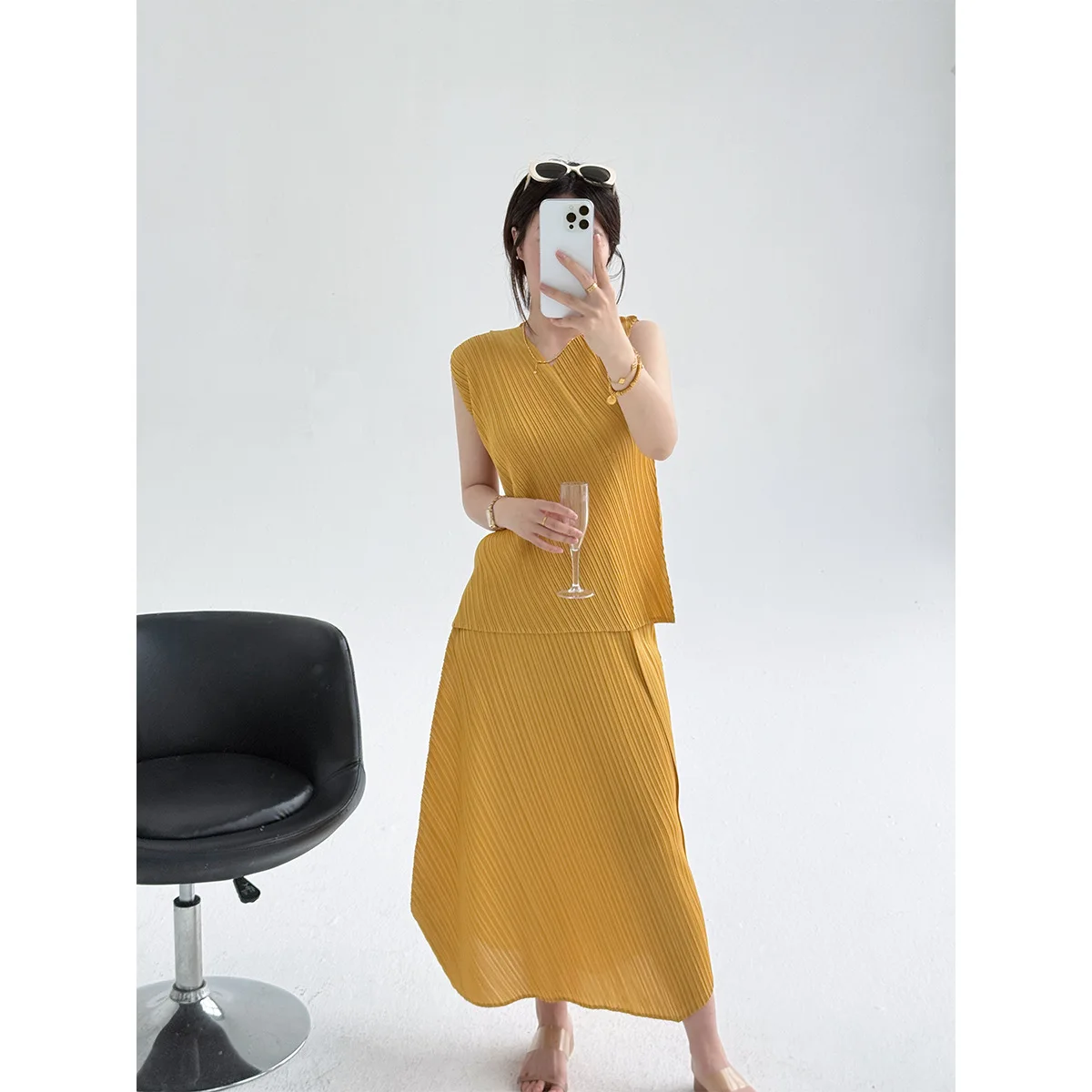 

Miyake Pleated Mustard Yellow Two Piece Outfit Sleeveless Top Side Slit Maxi Skirt Oversized Breathable Elastic Casual Summer
