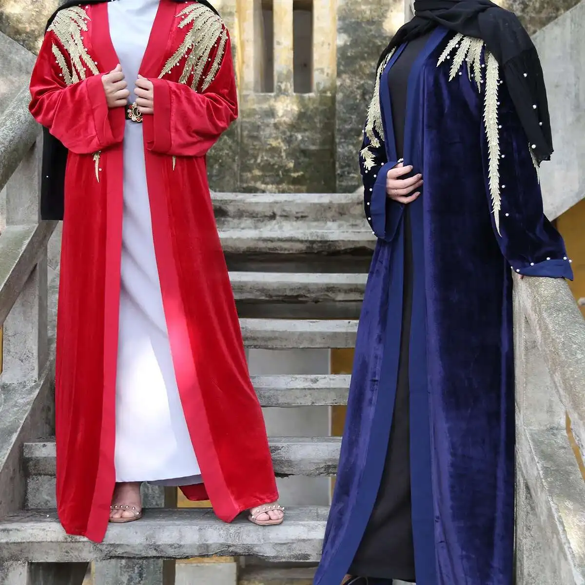 

Fashion Abaya Stitched Pearl Cardigan Long Sleeve Golden Velvet Embroidery Kimono1701 Abaya Ramadan Dubai Luxury Islam Elegant