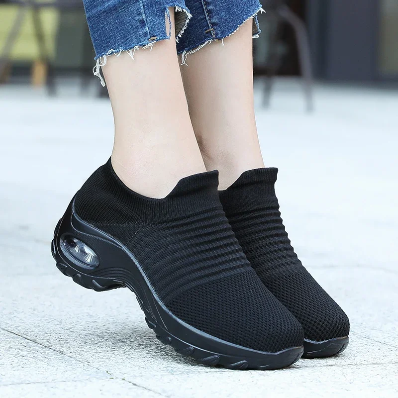 Damen-Walking-Trainer, modische Fly-Weave-Socken-Sneaker, atmungsaktive, bequeme Pflegeschuhe, lässige Plateau-Loafer, rutschfest – Detail 4