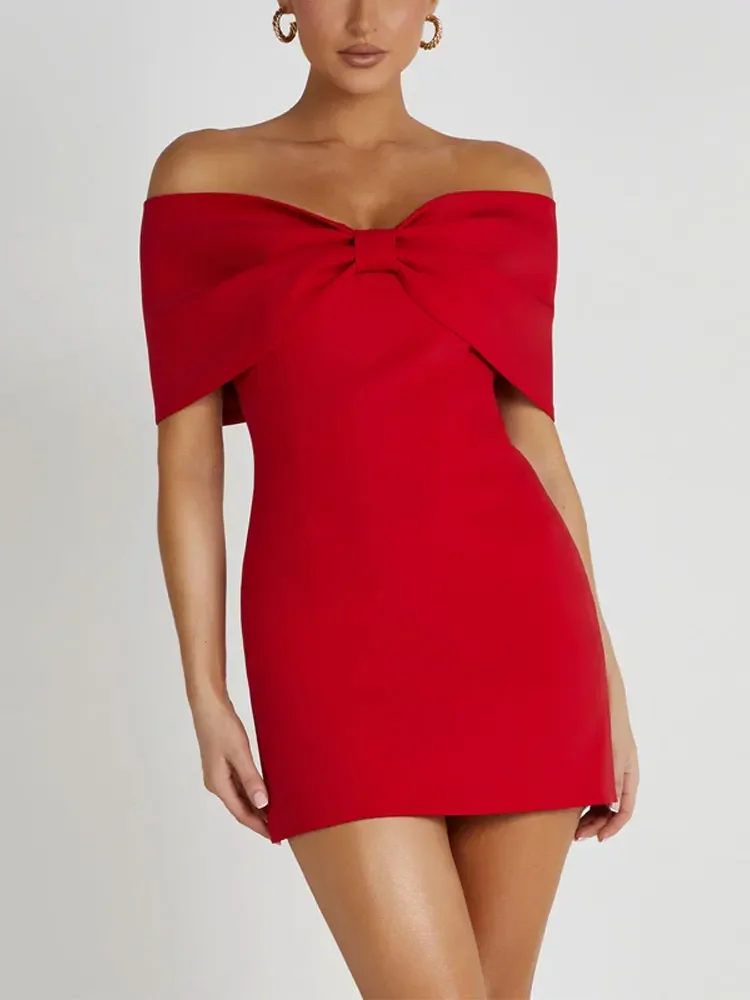 Fashion Red Bow Strapless Women Mini Dress Sexy Backless Sleeveless Bodycon Dresses 2024 Female Chic New Party Club Robes