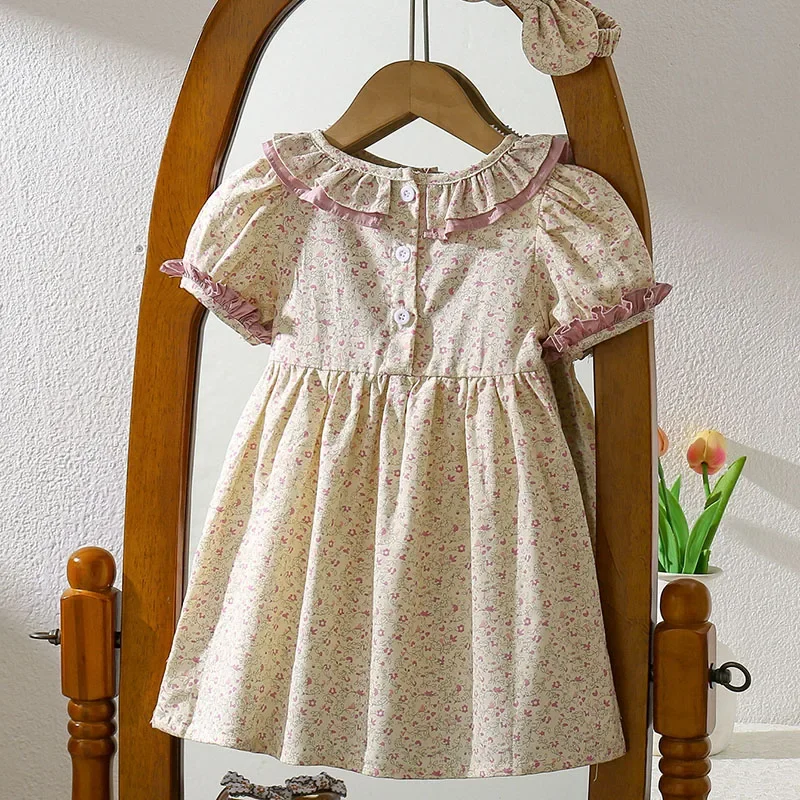2025 New Summer Sister Clothing 2-6Yrs Girl Birthday Party Dress Short Sleeved Cotton Print Kids Princess Dress Children Clothes