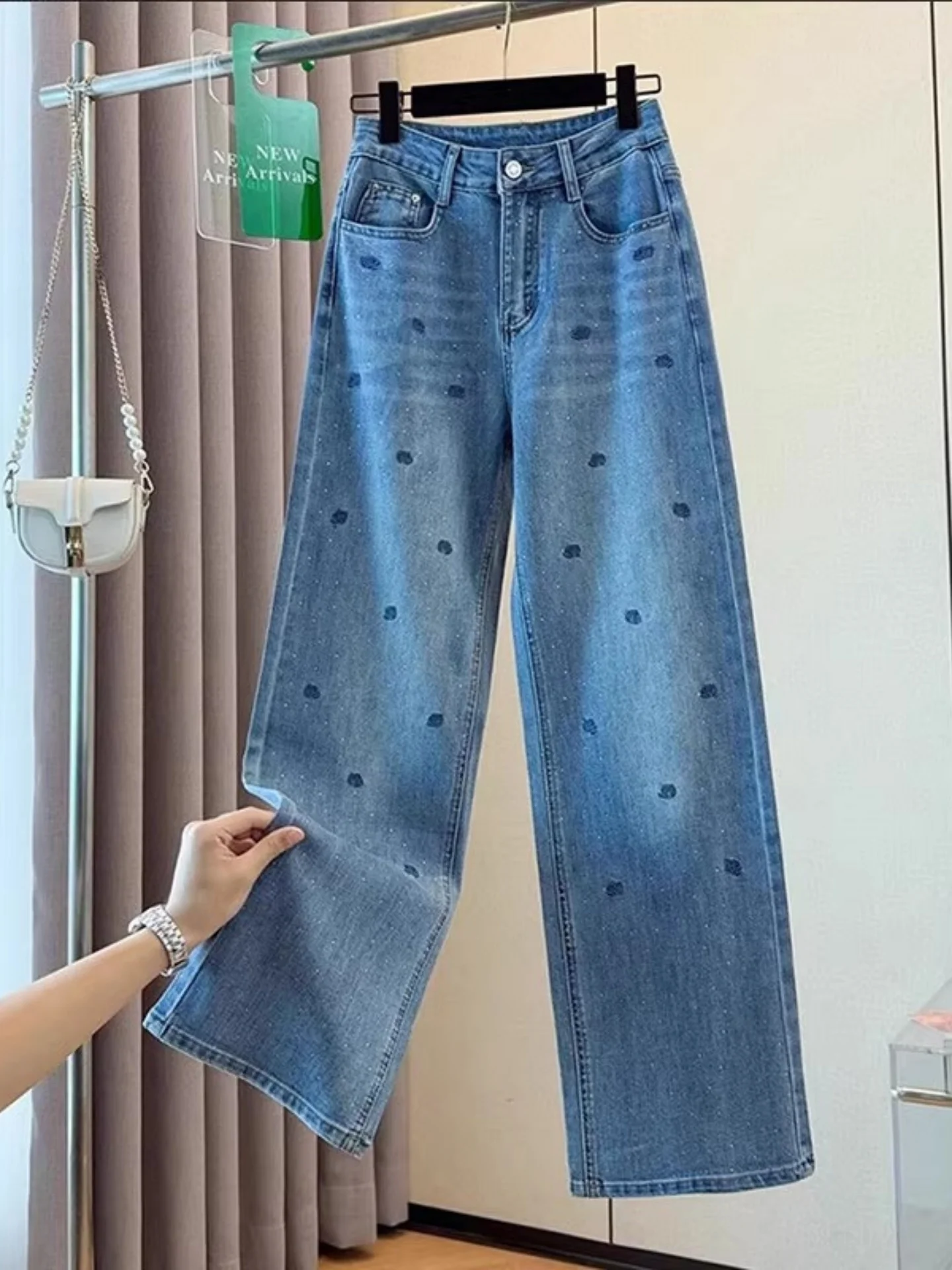 

Embroidered Rhinestone Denim Jeans Women's High Waist Straight Leg Wide Leg Pants Summer New Style plus Size Slimming Ladies