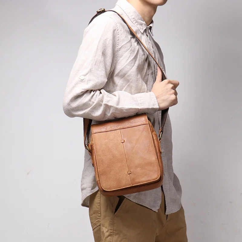 Men's Genuine Leather Vintage Single Shoulder Flap Top Layer Cowhide crossbody bags Ipad side bag for men sacoche homme