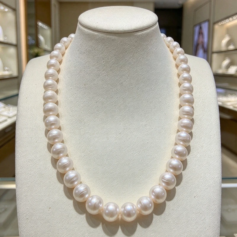 White Pearl Necklace, 11-14mm Round Pearls, Natural Growth Texture Defect, Elegant Women Jewelry