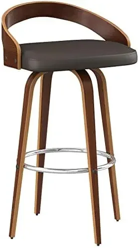 Armen Living Sonia 26" Seat Height Mid Century Modern Swivel Bar Stool for Kitchen Island Counter in Brown Faux Leather and Waln