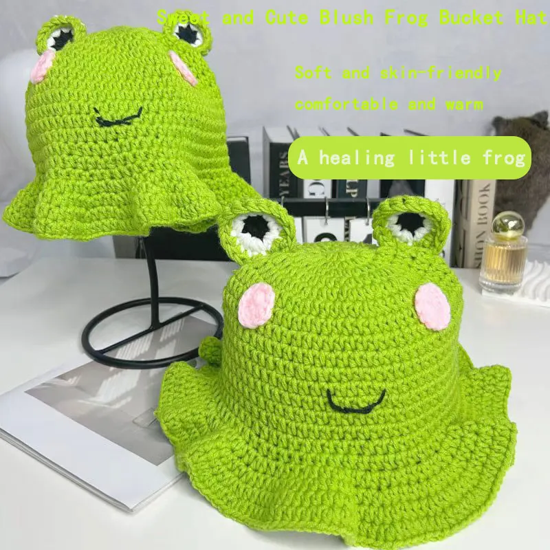 Sweet and Healing Style Knitted Frog Bucket Hat - 3D Cute Eyes & Blush, Wide-Brimmed, Cute & Versatile Girlish Style
