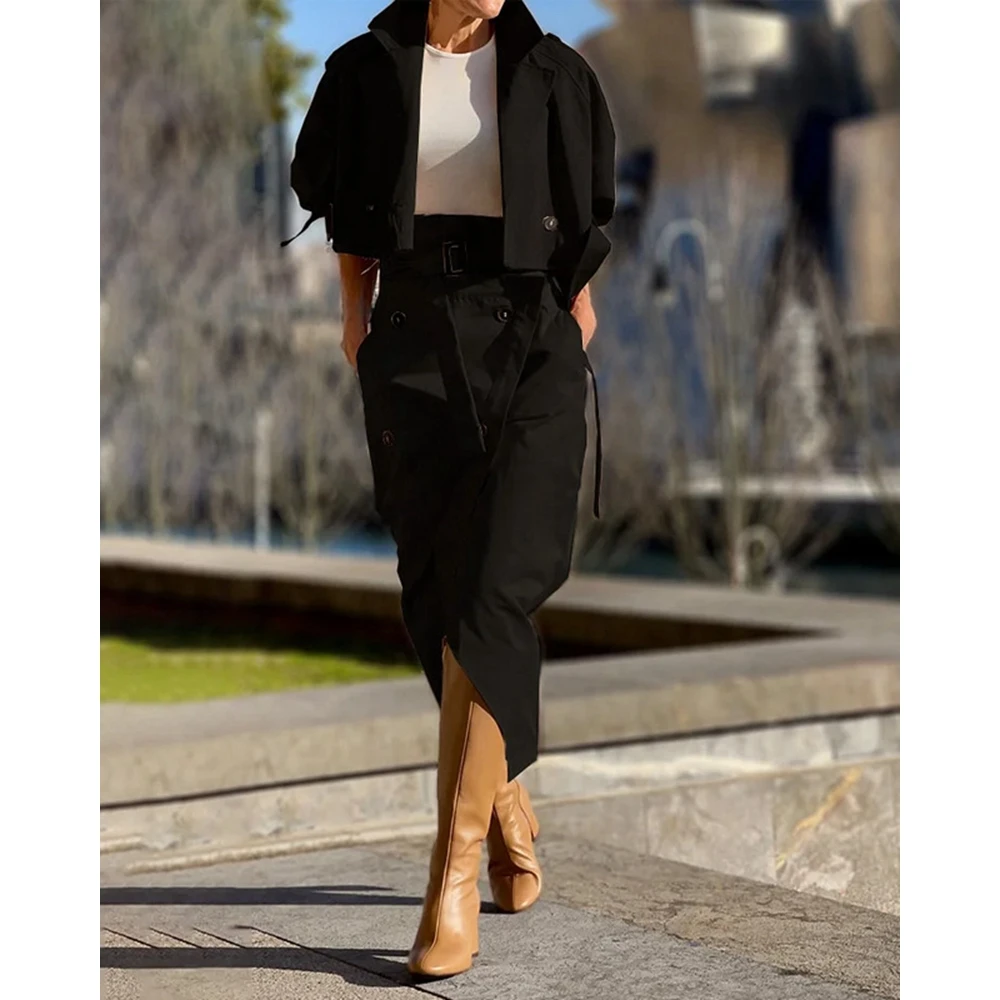 

Fall Stylish Skirt 2 Piece Set Women Casual Epaulet Nothched Collar Cropped Coat & Buttoned Midi Skirt Set Two Pieces Dress Set