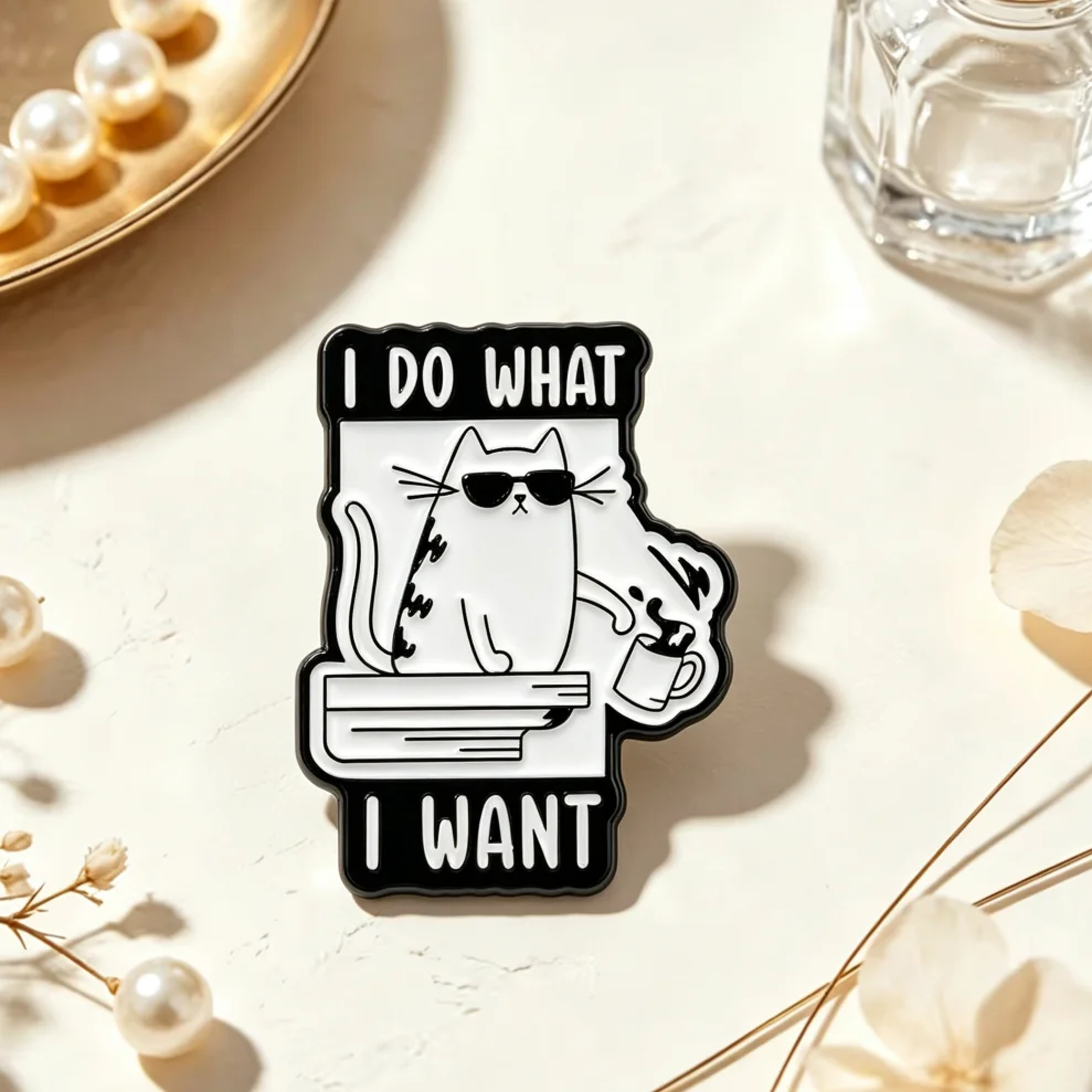 I Do What I Want Cat Enamel Lapel Pin Cool Sunglasses Cat Coffee Design Metal Badge Backpack Jacket Decor Funny Accessory Gift