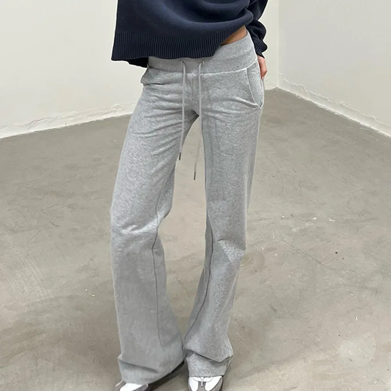 رمادي الرباط الخصر Sweatpants المرأة الصلبة بسيطة الأساسية الحد الأدنى اللياقة البدنية ركض السراويل المستقيمة