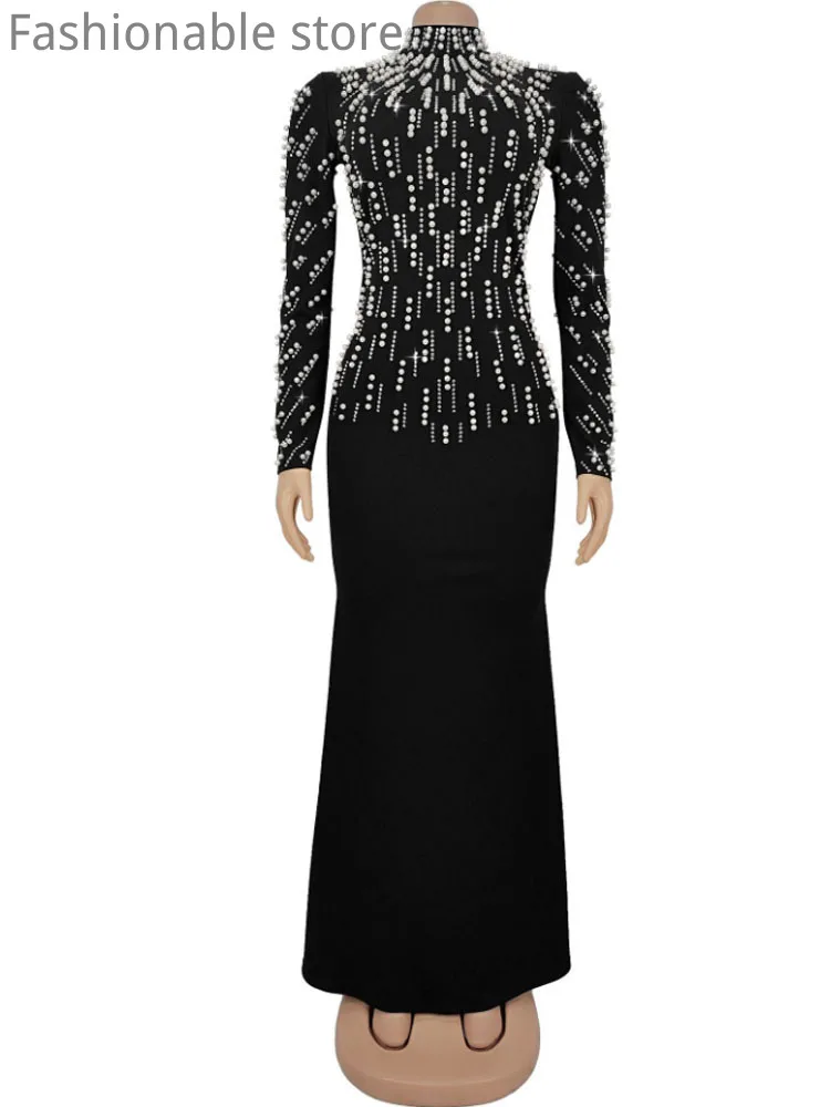 Damska seksowna sukienka imprezowa z długim rękawem w jednolitym kolorze, zdobiona koralikami i cyrkoniami