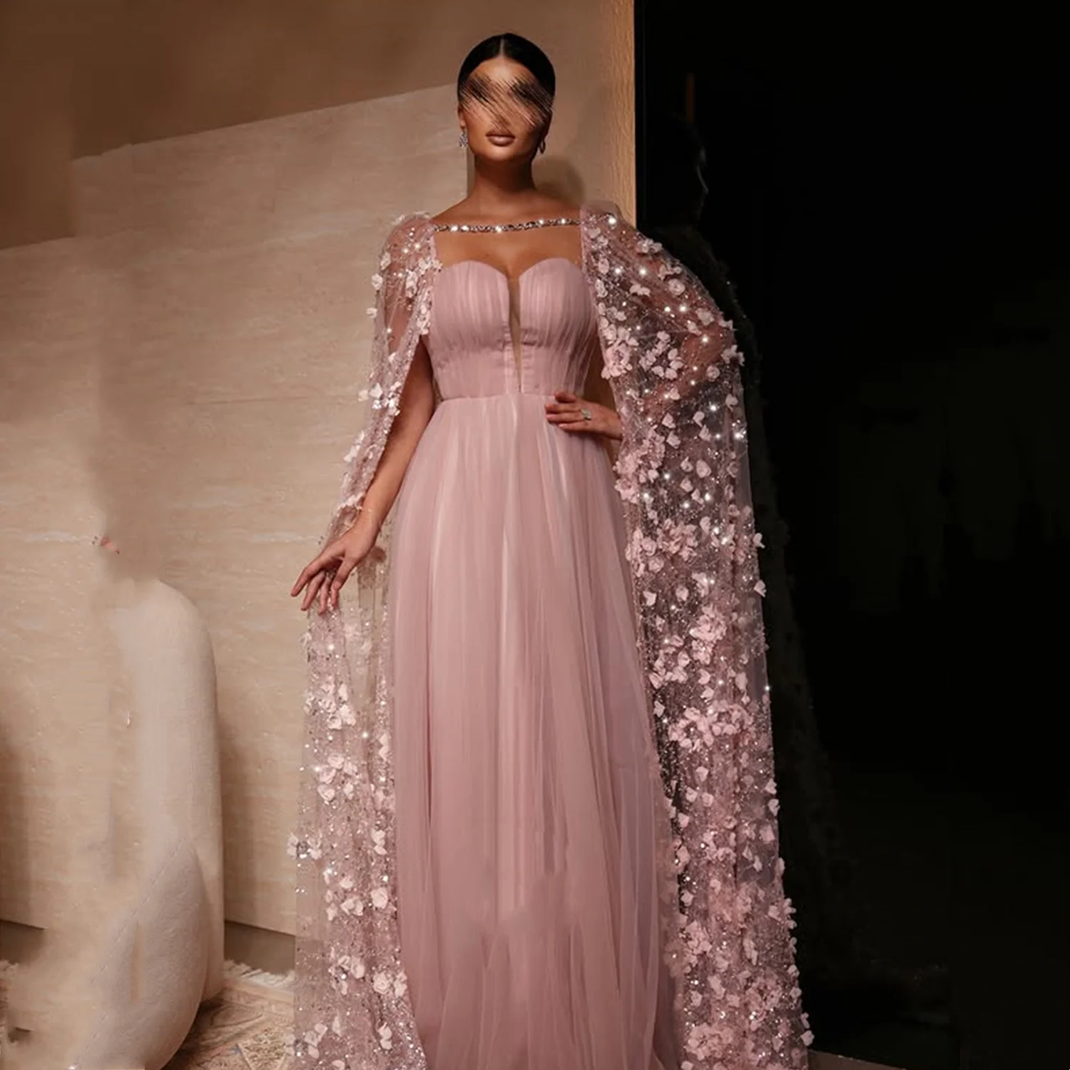 Aileen rosa vestidos de gala personalizado vestido de baile robes de soirée feminino vestido de noite xale فساتatuuratuurenyeikanikan danaч bago kuнее 3d flores