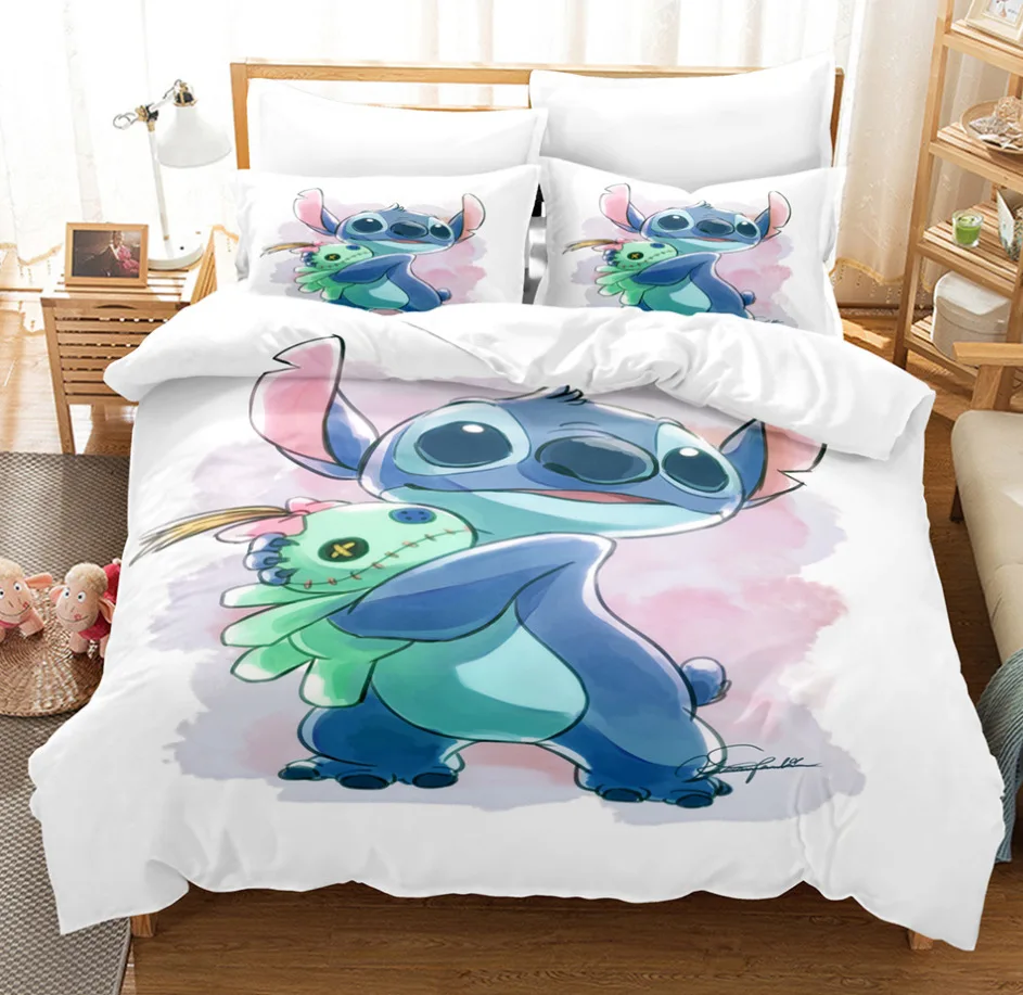 Disney-juego de cama de dibujos animados para niños, edredón de dibujos animados de Anime Stitch, funda de edredón, funda de almohada, juego de cama