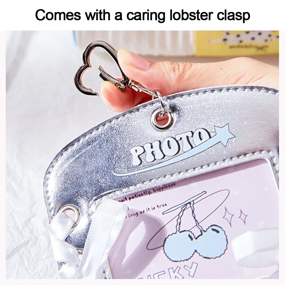 الأزياء Y2k حامل البطاقة القوس بطاقة تخزين المعبود صور بطاقة الغطاء الواقي لامعة حقيبة فضية قلادة