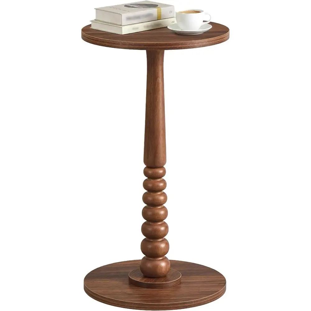 

Round Side Table for Small Spaces, Accent Nightstand, Solid Wood Leg, Mid-Century Modern Style, Chestnut Walnut Finish