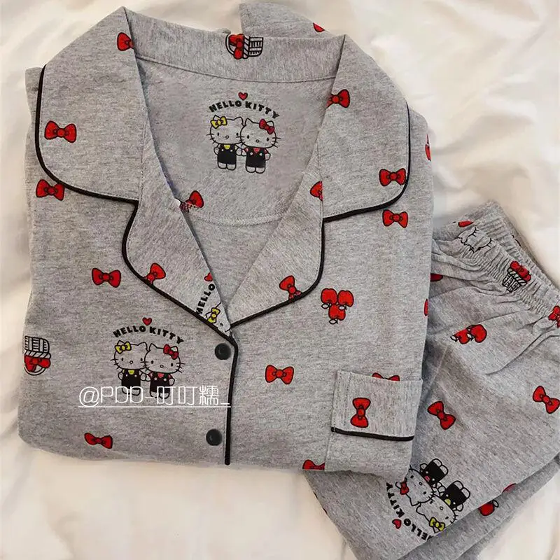 

Sanrio New Pajamasjapanese Hello Kitty Bow Pajamas Spring and Autumn New Cartoon Long Sleeves Trousers Student Home Clothing Set