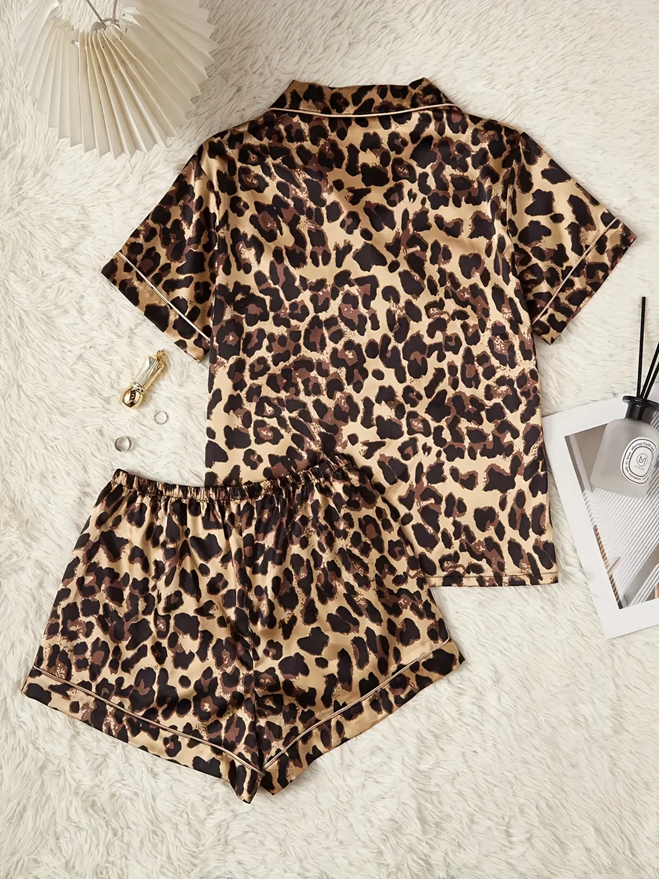 Women's Summer Two Piece Pajama Set Leopard Print Short Sleeve Top and Shorts Sets Sleepwear Home Casual Satin Loungewear image 5