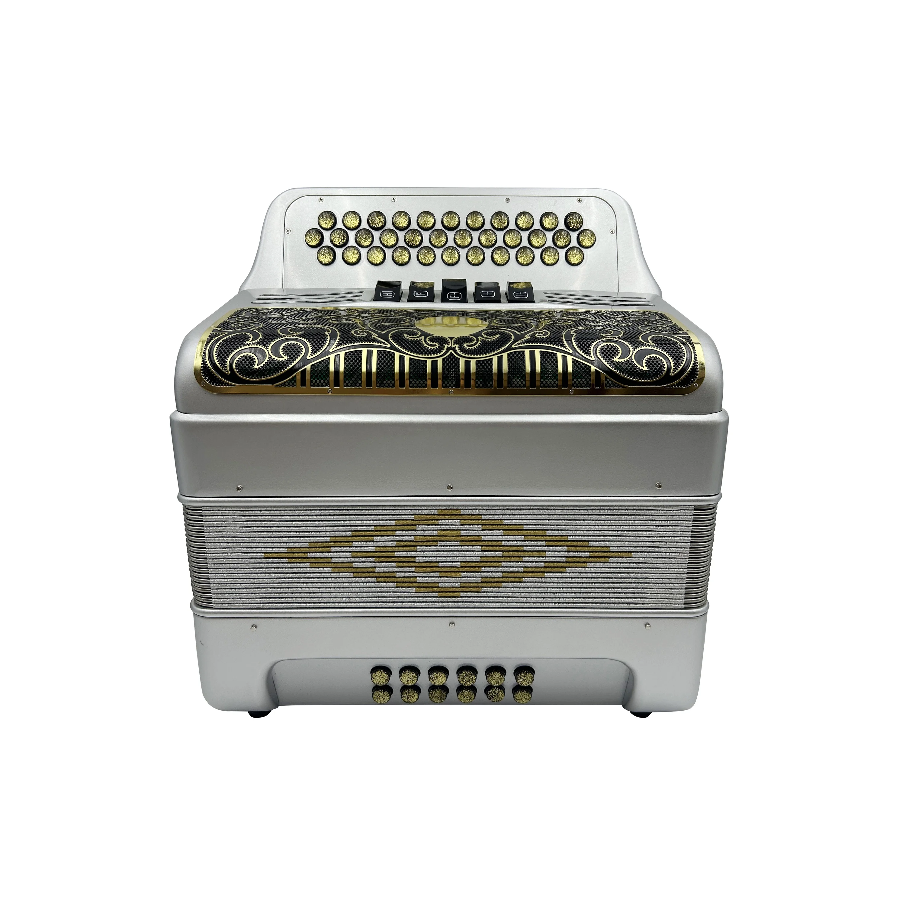 34-Button 12-Bass 5-Register Silver Accordion with Black Gold Grill and Gold Buttons JB3412D Acordeon