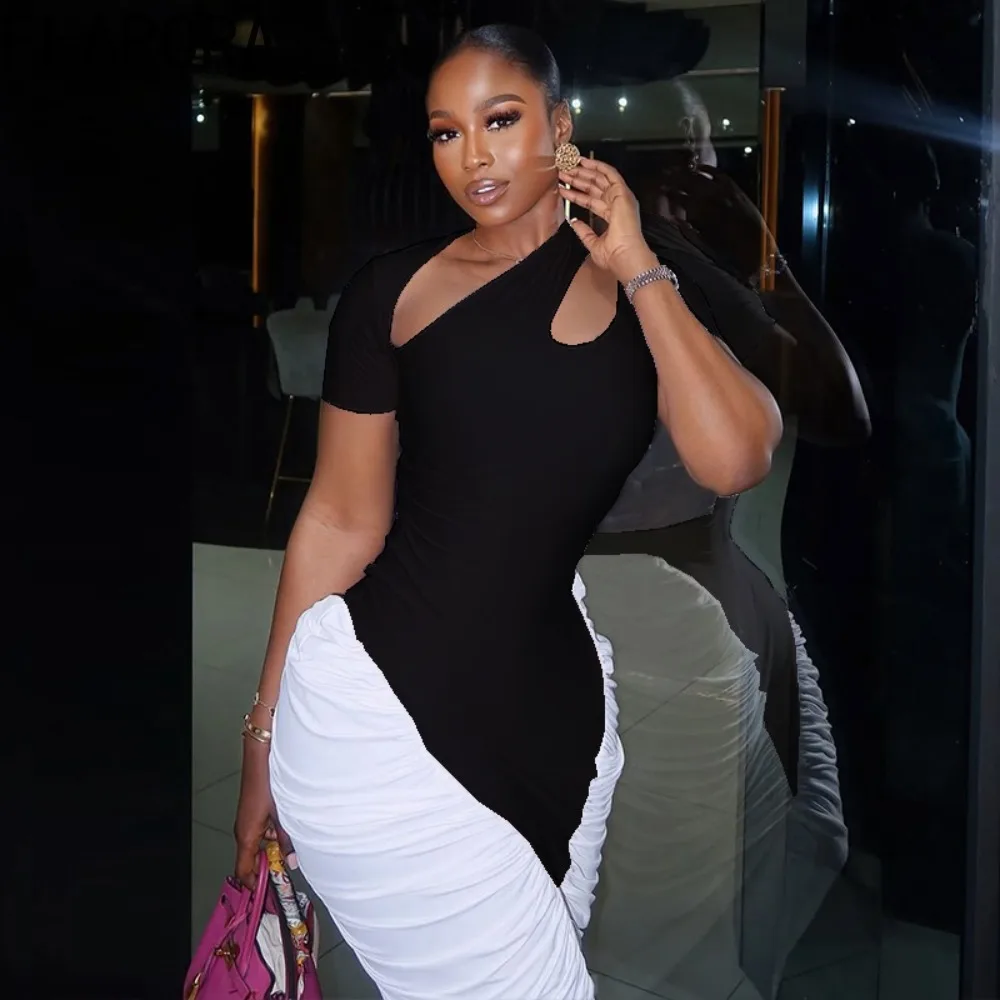 Florora elegante ruched retalhos maxi vestido mulher gola inclinada oco para fora magro vestidos longos moda festa clubwear vestidos