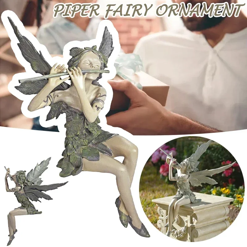 Flute Fairy Sitting Statue Flutes Elf Resin Statue Garden Decor Wing Figurine Fairy Sculpture Angel Ornament Patio Accessories