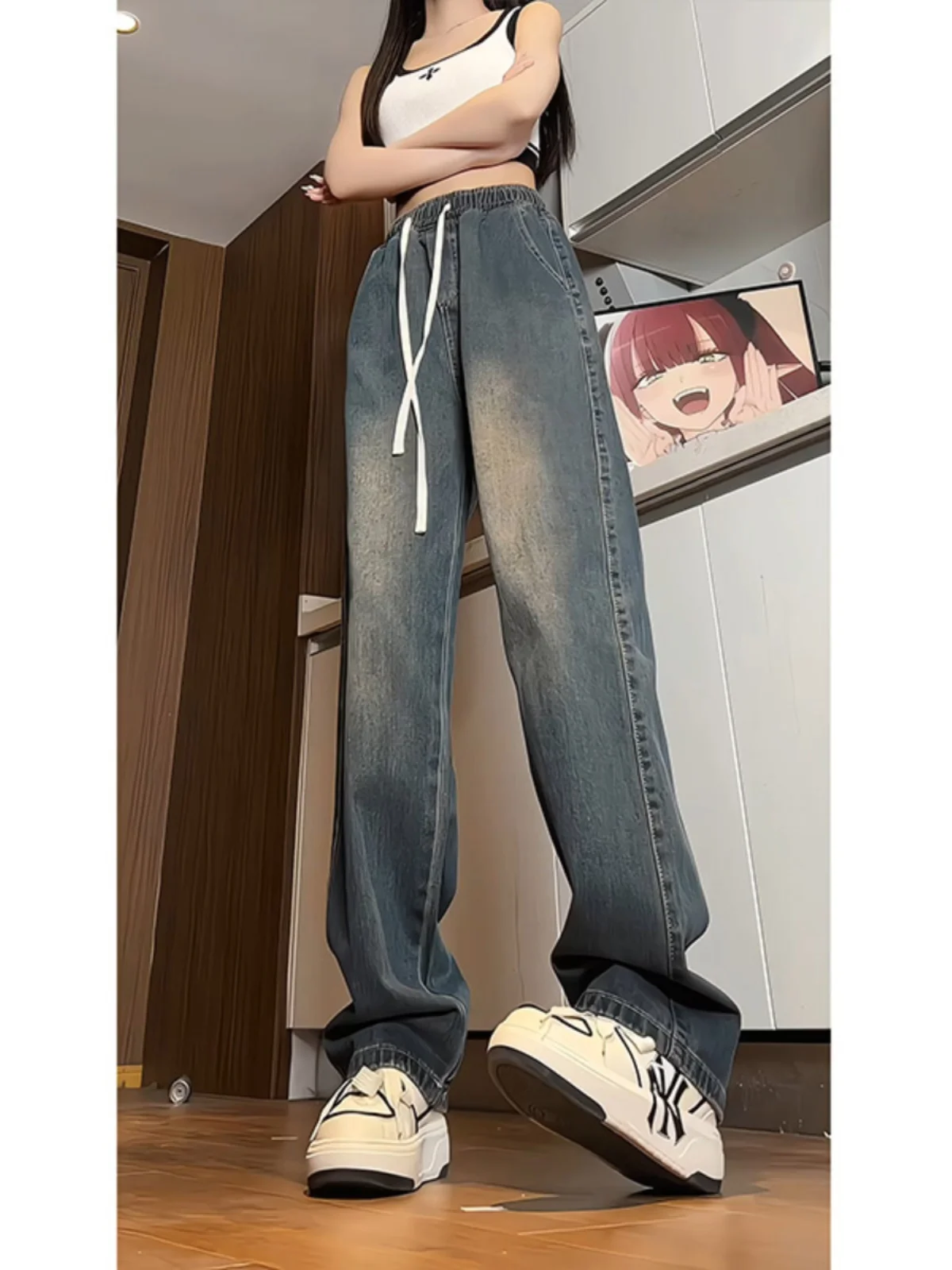 

Синие эластичные прямые джинсы в стиле ретро, мужские весенне-осенние свободные широкие брюки с высокой талией, повседневные длинные брюки с завязками